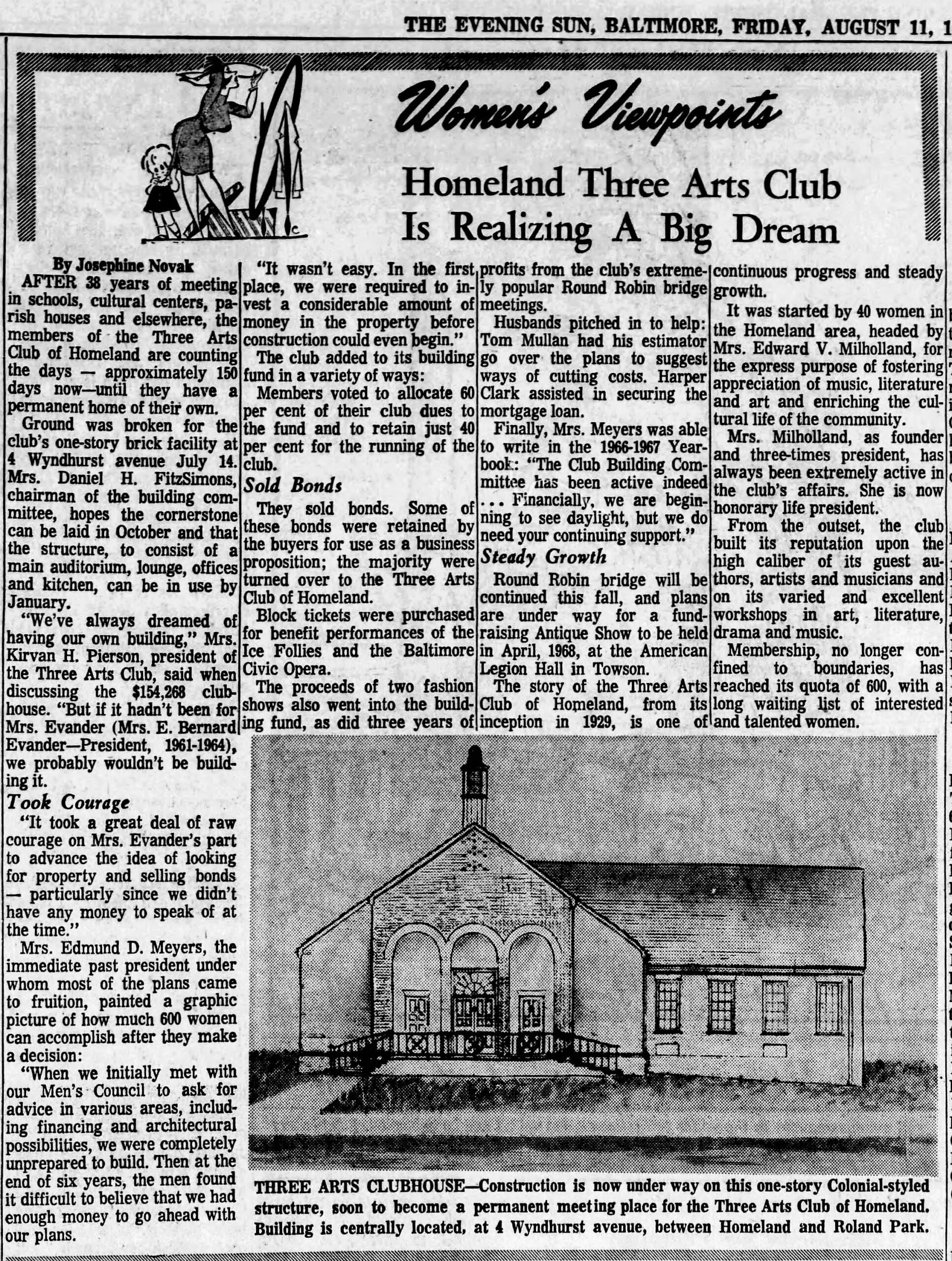 Article Three Arts Club of Homeland Clubhouse Baltimore Evening Sun